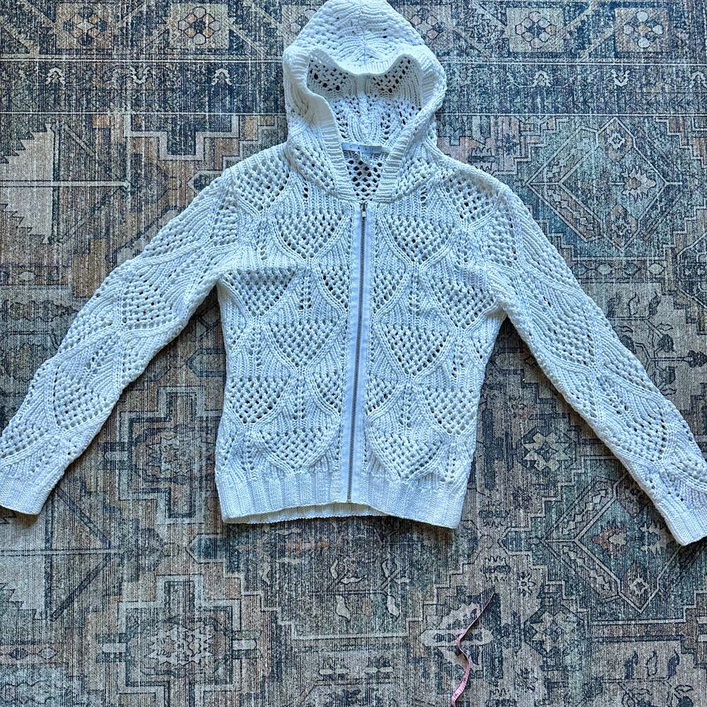 CAbi Open Knit Zip Hoodie Sweater – Cream – Size Medium